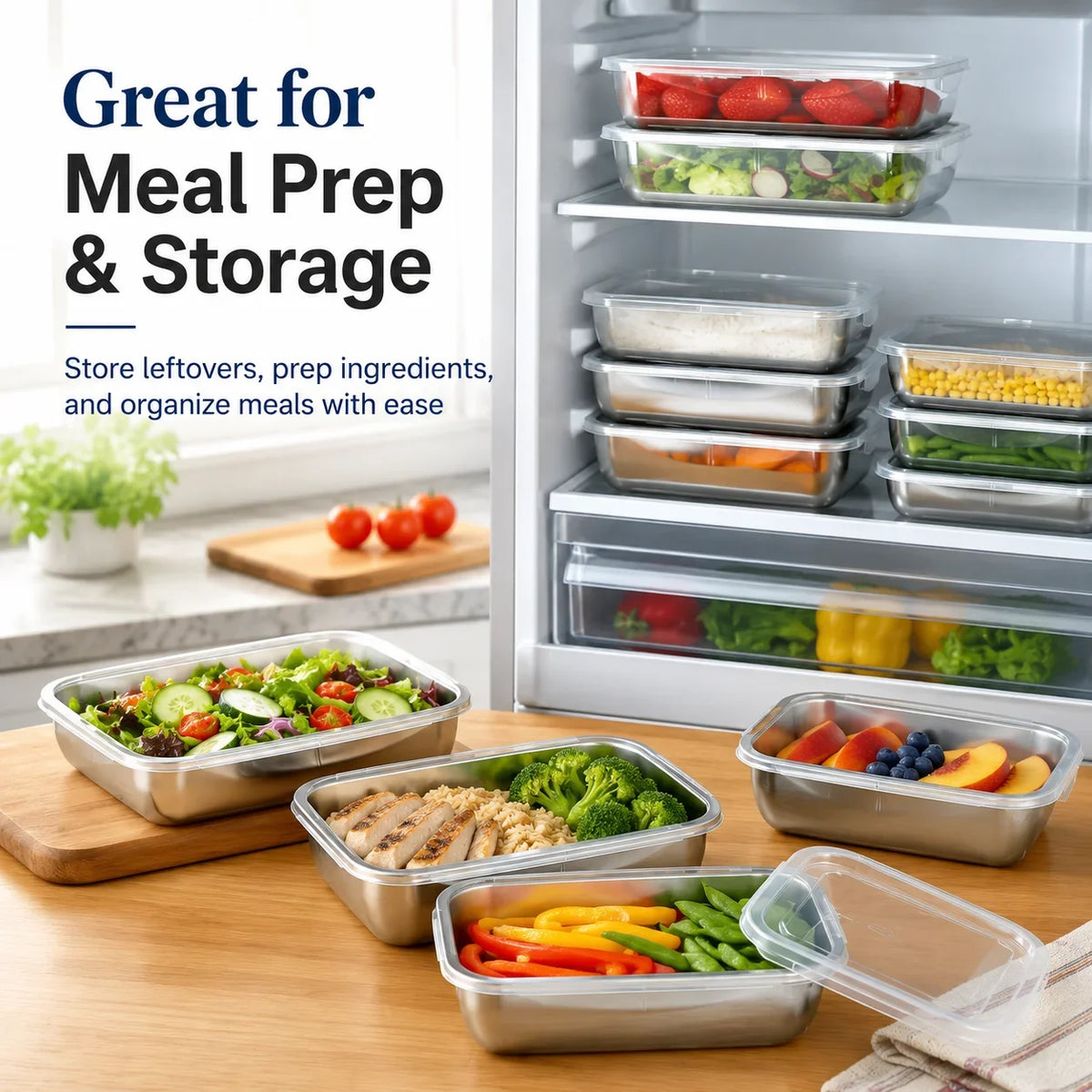 Stackable Metal Food Storage Containers with Lids, Rectangular Freezer-Safe Trays, 3, 6 or 9 Pieces for Kitchen Storage - product view 5