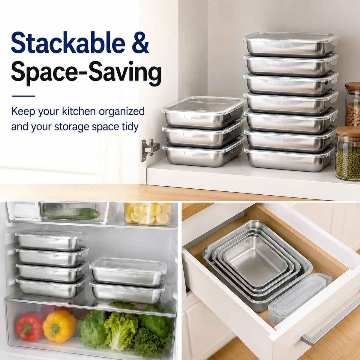 Stackable Metal Food Storage Containers with Lids, Rectangular Freezer-Safe Trays, 3, 6 or 9 Pieces for Kitchen Storage - product view 6