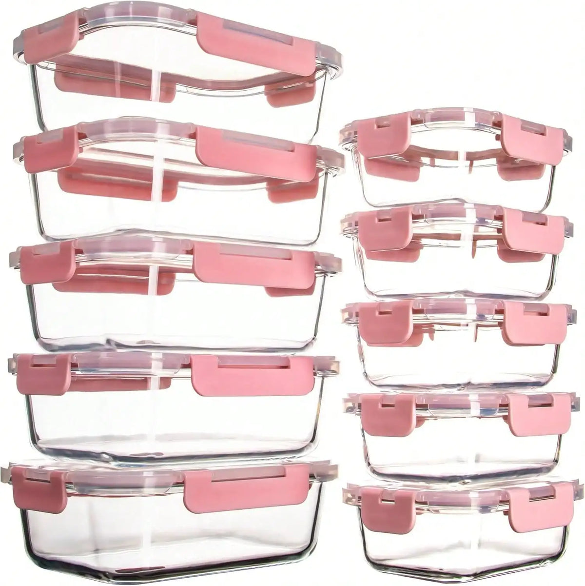 Glass Food Storage Containers, 10-Piece Meal Prep Set with Pink Snap-Locking Airtight Leakproof Lids - product view 1