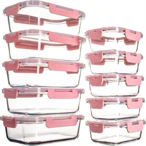 Glass Food Storage Containers, 10-Piece Meal Prep Set with Pink Snap-Locking Airtight Leakproof Lids - product view 1