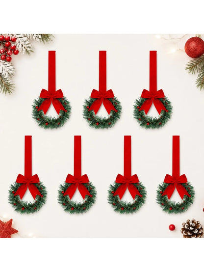 Christmas Wreath Set, 6-Piece Plastic Mini Flower Rings with Ribbon, Berry and Bow Details for Cabinet Holiday Décor - product view 1