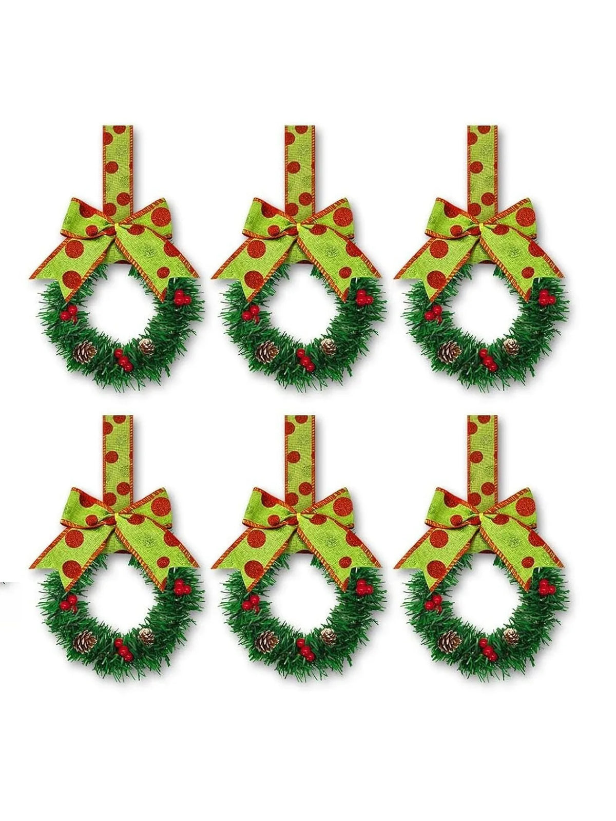 Christmas Wreath Set, 6-Piece Plastic Mini Flower Rings with Ribbon, Berry and Bow Details for Cabinet Holiday Décor - product view 2