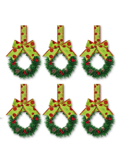 Christmas Wreath Set, 6-Piece Plastic Mini Flower Rings with Ribbon, Berry and Bow Details for Cabinet Holiday Décor - product view 2
