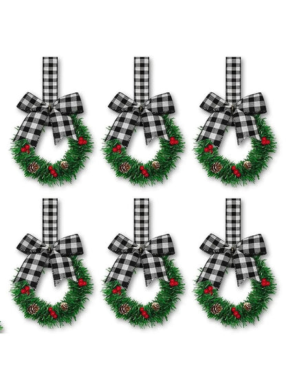 Christmas Wreath Set, 6-Piece Plastic Mini Flower Rings with Ribbon, Berry and Bow Details for Cabinet Holiday Décor - product view 3