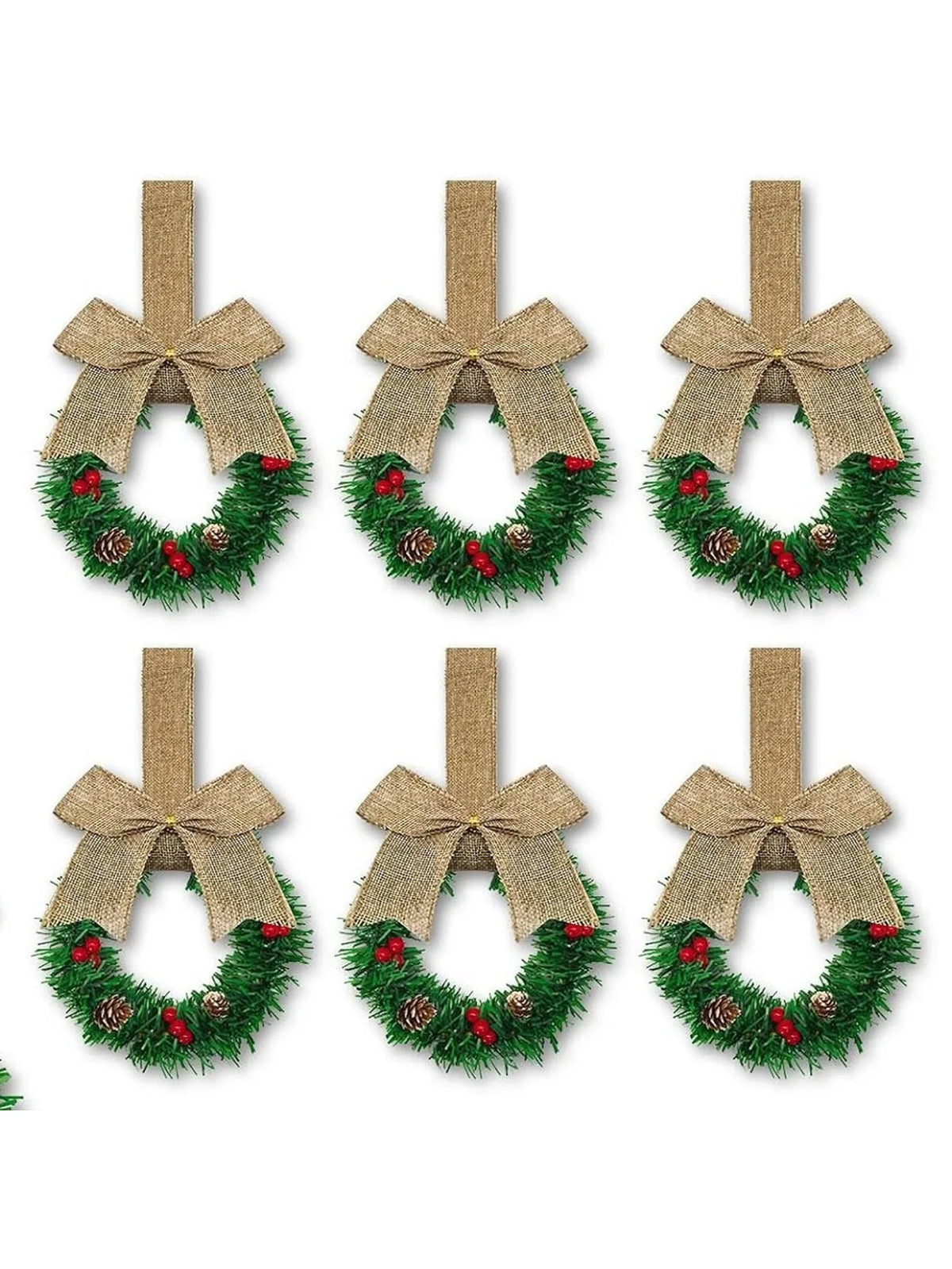 Christmas Wreath Set, 6-Piece Plastic Mini Flower Rings with Ribbon, Berry and Bow Details for Cabinet Holiday Décor - product view 4