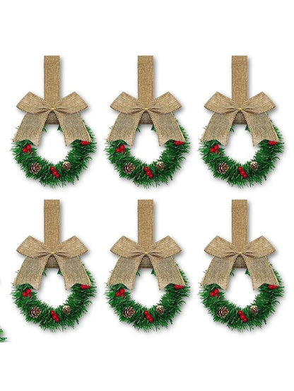 Christmas Wreath Set, 6-Piece Plastic Mini Flower Rings with Ribbon, Berry and Bow Details for Cabinet Holiday Décor - product view 4
