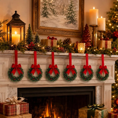Christmas Wreath Set, 6-Piece Plastic Mini Flower Rings with Ribbon, Berry and Bow Details for Cabinet Holiday Décor - product view 5