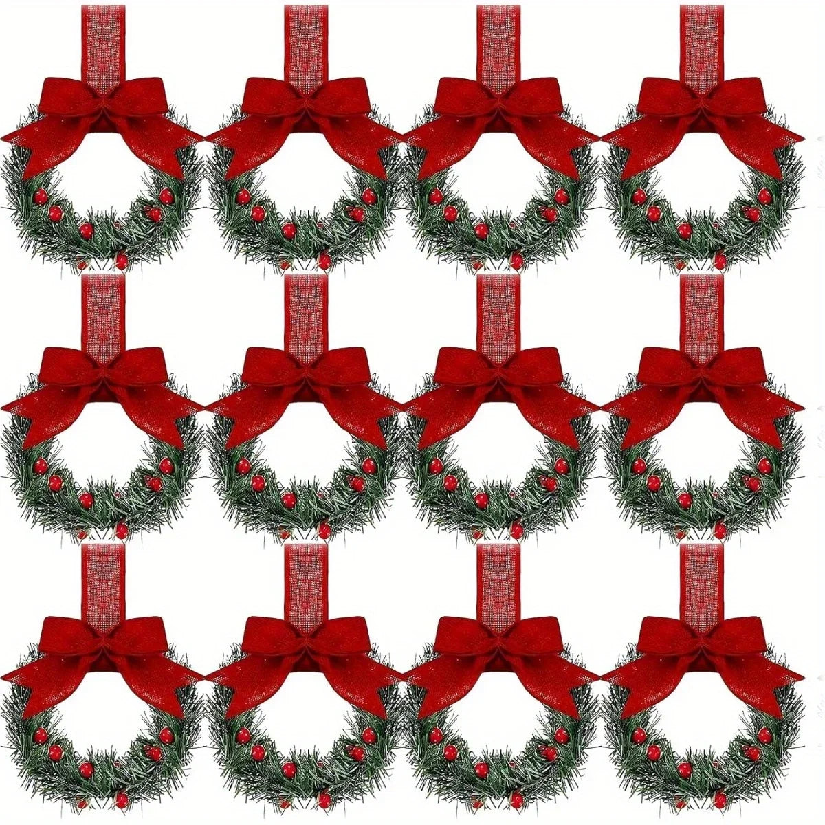 Christmas Wreath Set, 6-Piece Plastic Mini Flower Rings with Ribbon, Berry and Bow Details for Cabinet Holiday Décor - product view 6