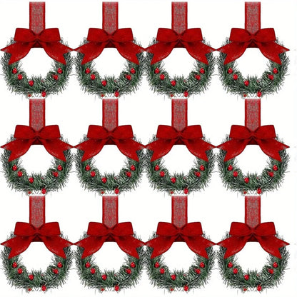 Christmas Wreath Set, 6-Piece Plastic Mini Flower Rings with Ribbon, Berry and Bow Details for Cabinet Holiday Décor - product view 6