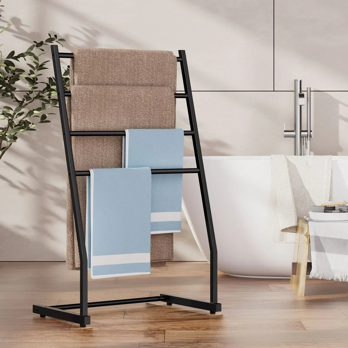 4-Tier Freestanding Towel Ladder Rack, Reusable Metal Bathroom Towel Bar Stand, Black for Towels and Blankets - product view 2