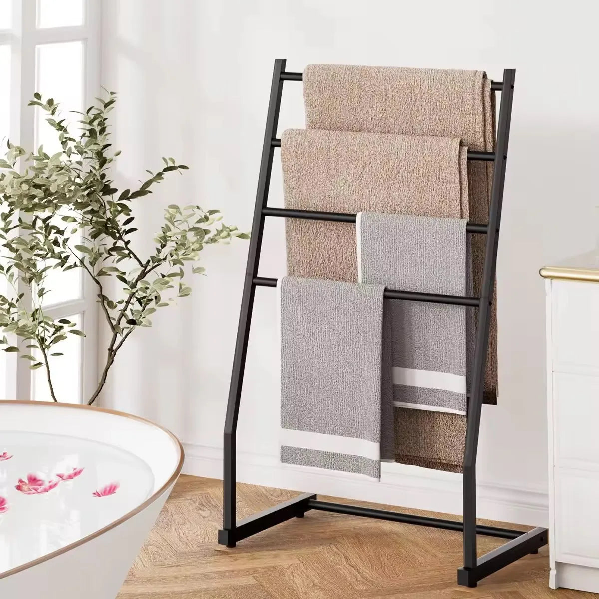 4-Tier Freestanding Towel Ladder Rack, Reusable Metal Bathroom Towel Bar Stand, Black for Towels and Blankets - product view 3