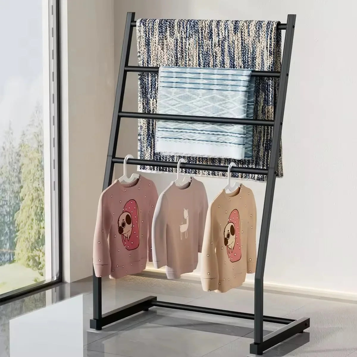 4-Tier Freestanding Towel Ladder Rack, Reusable Metal Bathroom Towel Bar Stand, Black for Towels and Blankets - product view 5