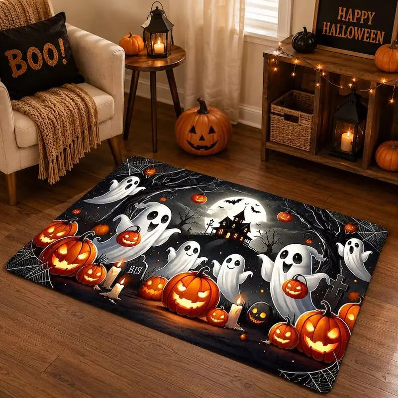 Halloween Ghost Pumpkin Door Mat, Printed Anti-Slip 100% Polyester Entrance Rug, Modern Indoor and Outdoor Décor - product view 1