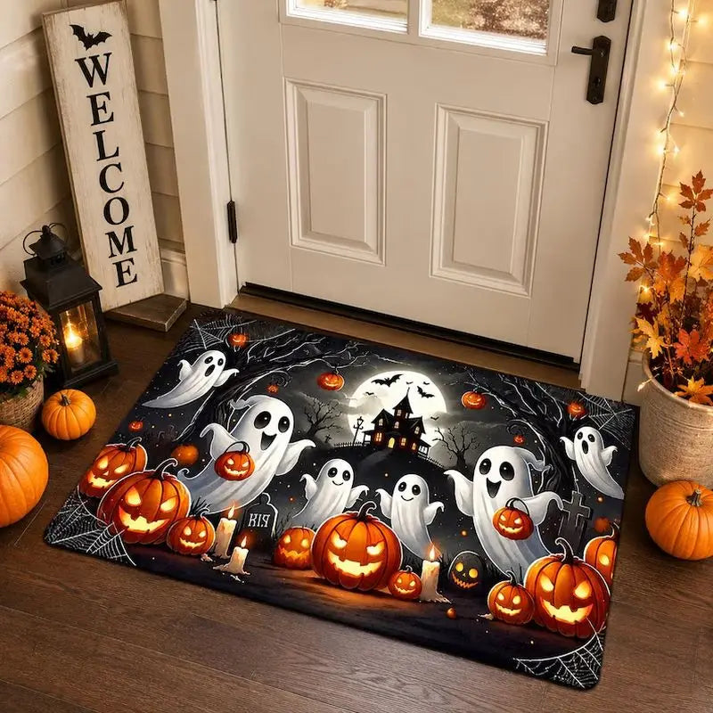 Halloween Ghost Pumpkin Door Mat, Printed Anti-Slip 100% Polyester Entrance Rug, Modern Indoor and Outdoor Décor - product view 2