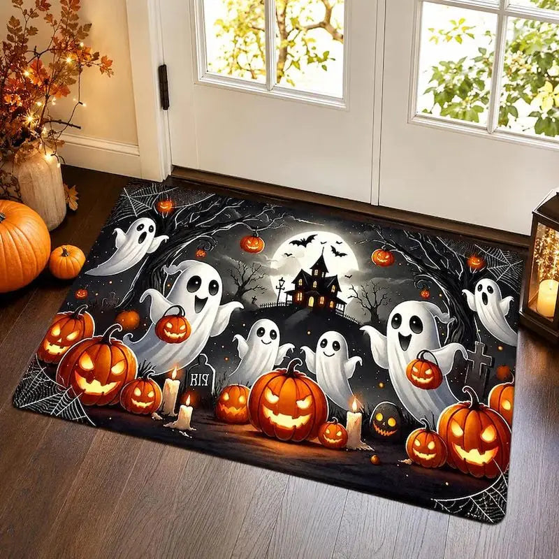 Halloween Ghost Pumpkin Door Mat, Printed Anti-Slip 100% Polyester Entrance Rug, Modern Indoor and Outdoor Décor - product view 3