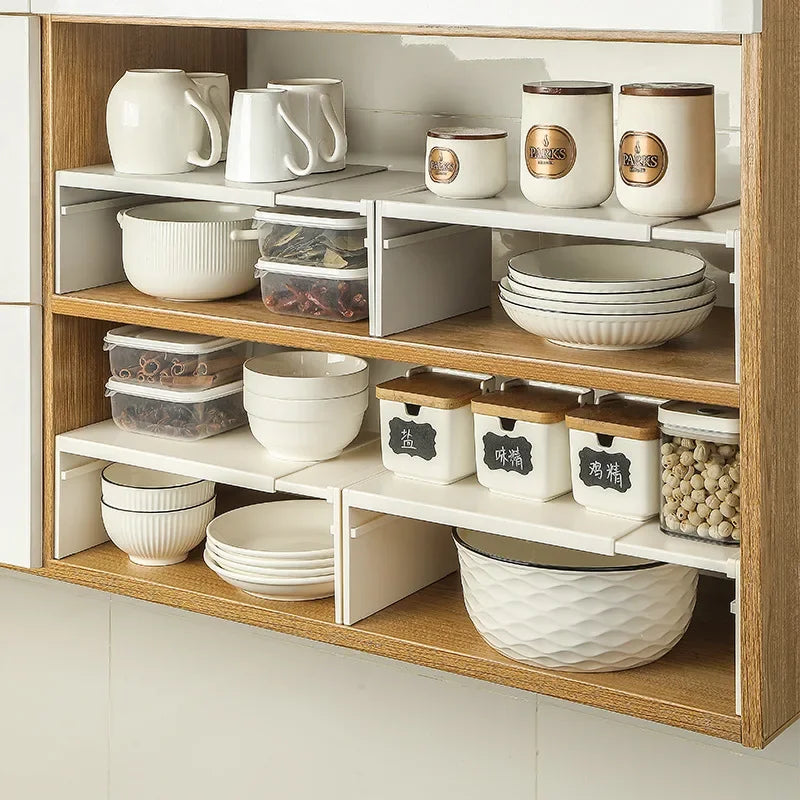 2-Piece Adjustable Cabinet Shelf Organizer, Expandable Plastic Storage Rack for Kitchen Cupboards and Countertops - product view 4