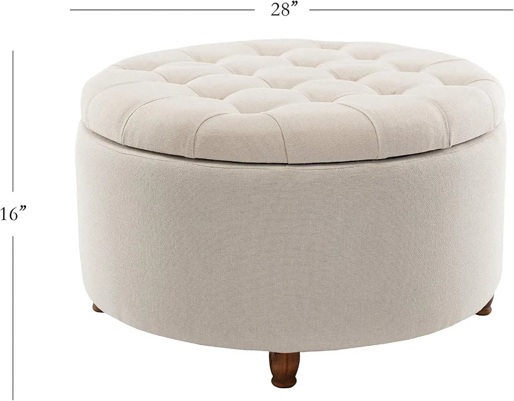 28-Inch Round Storage Ottoman Footstool with Lift-Off Lid, Textured Woven Fabric, Button Tufting and Metal Frame - product view 3