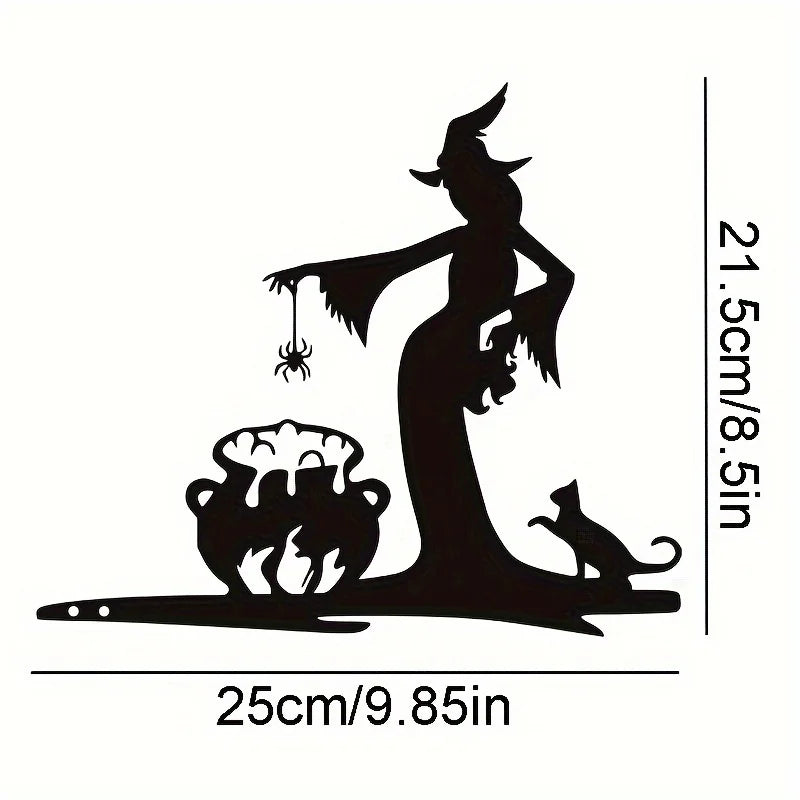 Iron Wall Sculpture, Halloween Witch Cauldron with Black Cat and Spider, Rustic Gothic Metal Decor for Indoor or Covered Outdoor Spaces - product view 1