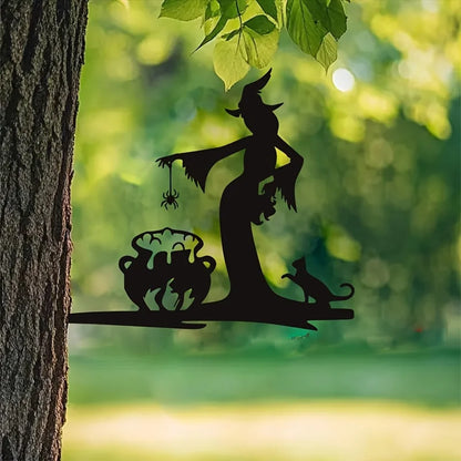Iron Wall Sculpture, Halloween Witch Cauldron with Black Cat and Spider, Rustic Gothic Metal Decor for Indoor or Covered Outdoor Spaces - product view 4