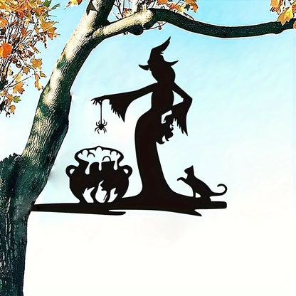 Iron Wall Sculpture, Halloween Witch Cauldron with Black Cat and Spider, Rustic Gothic Metal Decor for Indoor or Covered Outdoor Spaces - product view 5