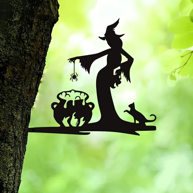 Iron Wall Sculpture, Halloween Witch Cauldron with Black Cat and Spider, Rustic Gothic Metal Decor for Indoor or Covered Outdoor Spaces - product view 6