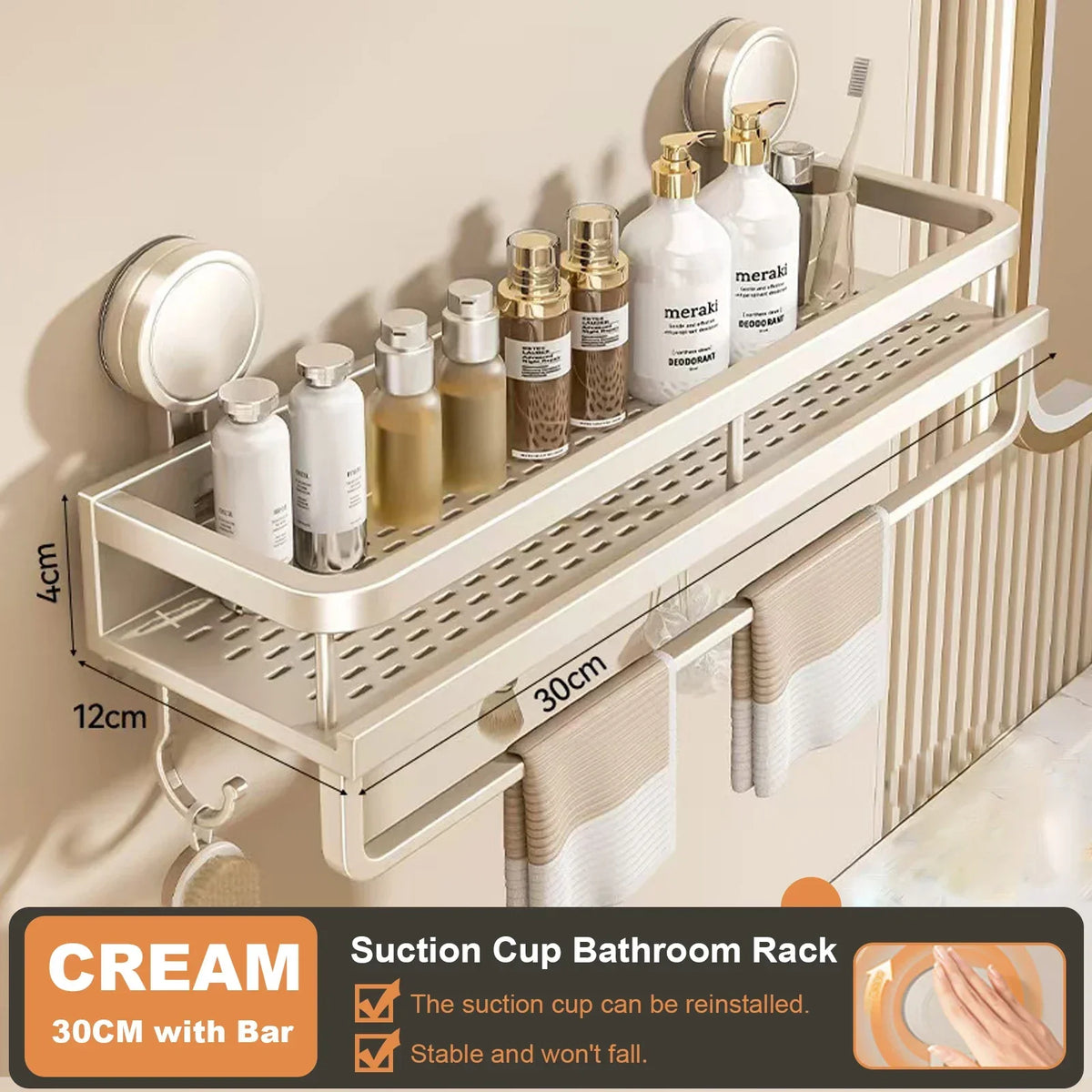 Adhesive Shower Caddy, Aluminum Bathroom Wall Rack in 30cm, 40cm or 50cm White Options for Everyday Storage - product view 2