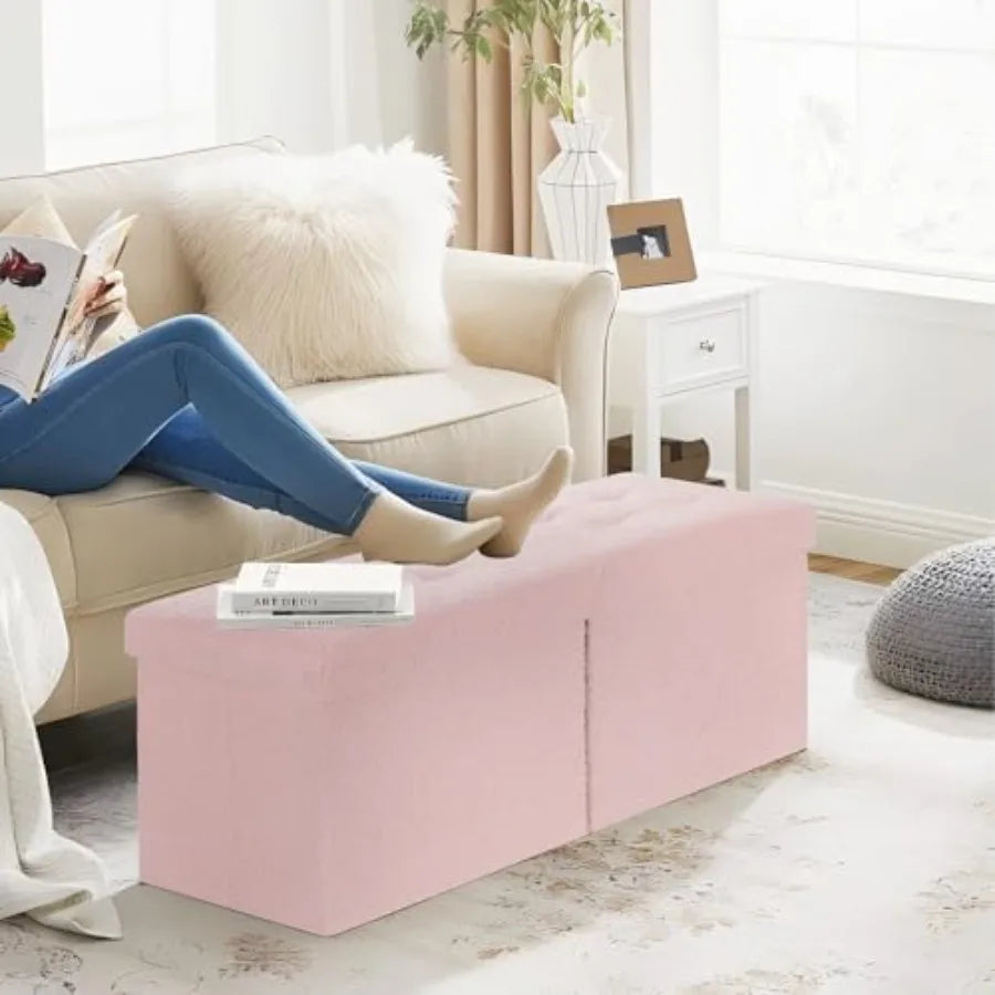 Storage Ottoman Bench, Teddy Velvet Folding Footrest with Thick Foam-Padded Seat, Plastic Frame, Pink 2-Pack Options - product view 4