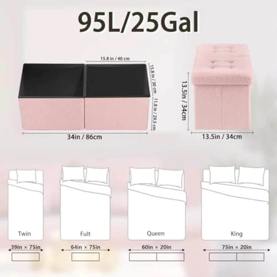 Storage Ottoman Bench, Teddy Velvet Folding Footrest with Thick Foam-Padded Seat, Plastic Frame, Pink 2-Pack Options - product view 5