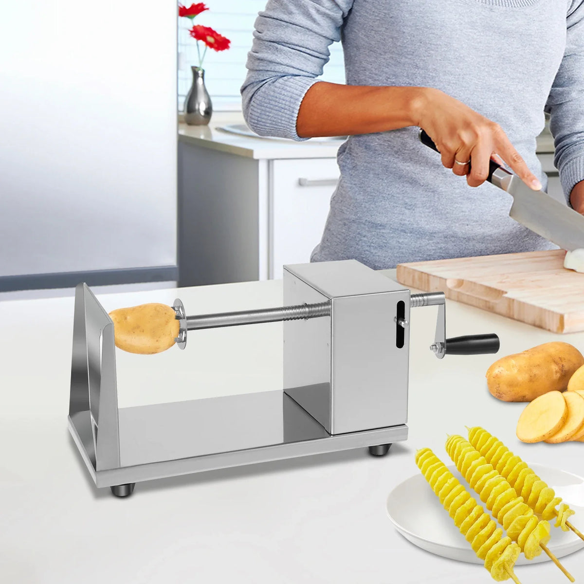 Manual Potato Spiral Cutter, 430 Stainless Steel Tornado Slicer, 2.5–3 mm Uniform Cuts, 4 Blades for Home and Snack Bars - product view 3