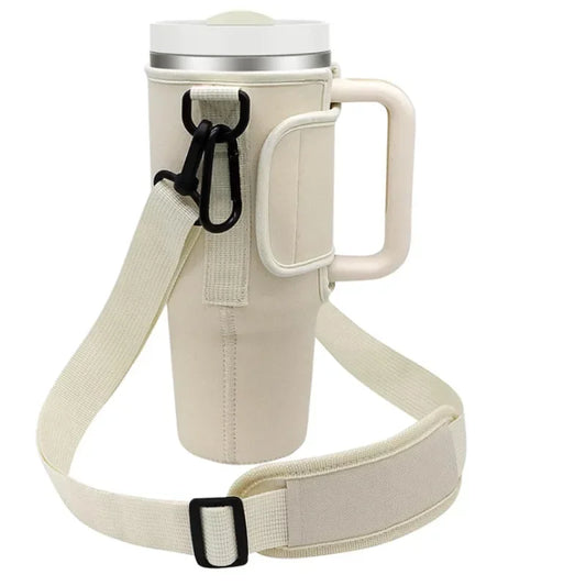 40oz Neoprene Tumbler Sleeve with Handle and Crossbody Strap, Insulated Bottle Cover in White, Pink or Black - product view 1