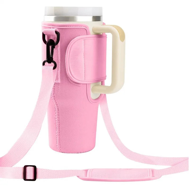 40oz Neoprene Tumbler Sleeve with Handle and Crossbody Strap, Insulated Bottle Cover in White, Pink or Black - product view 2