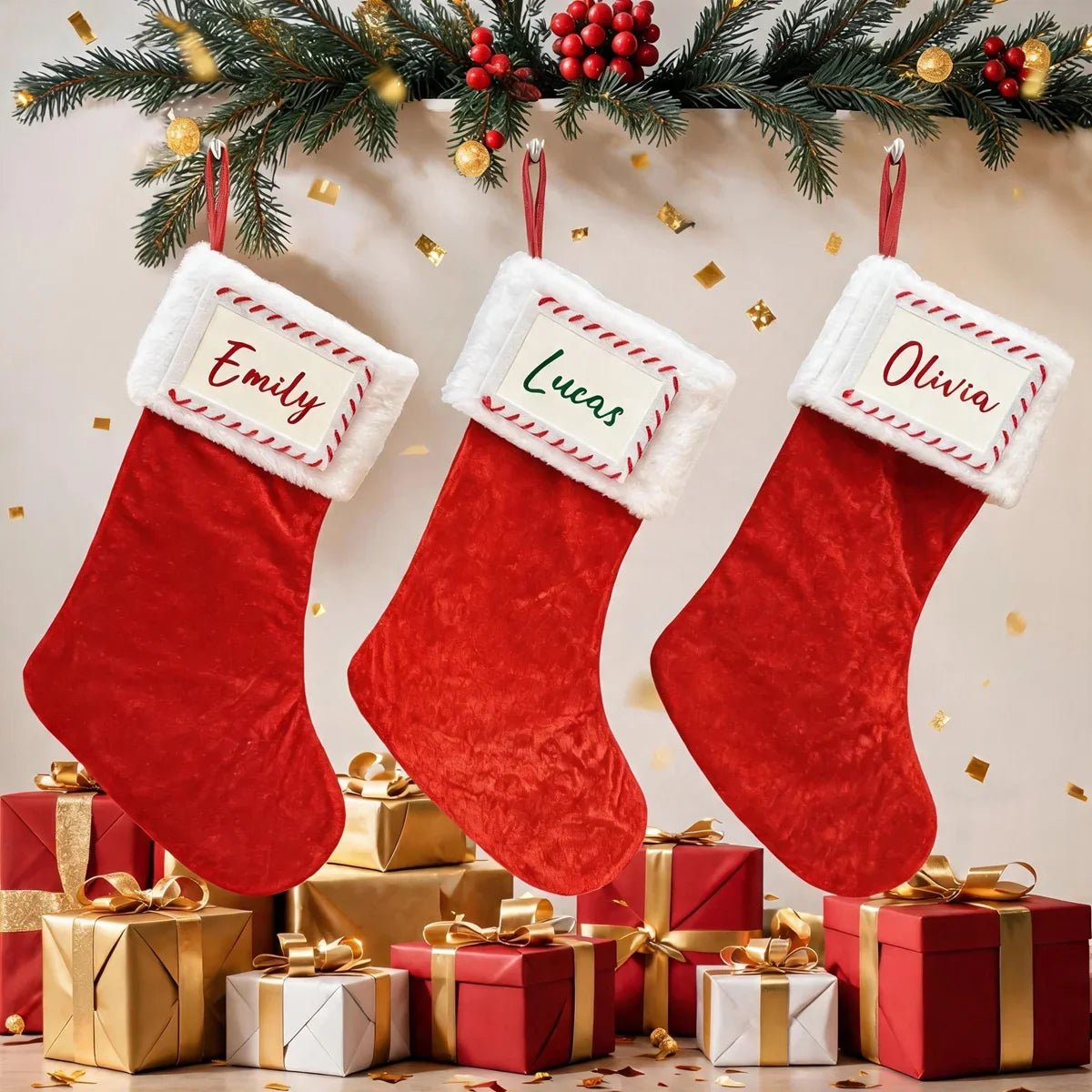 Red Christmas Stockings, 3-Piece 27 x 45 cm Non-Woven Holiday Gift Bags for Treats and Seasonal Décor - product view 4
