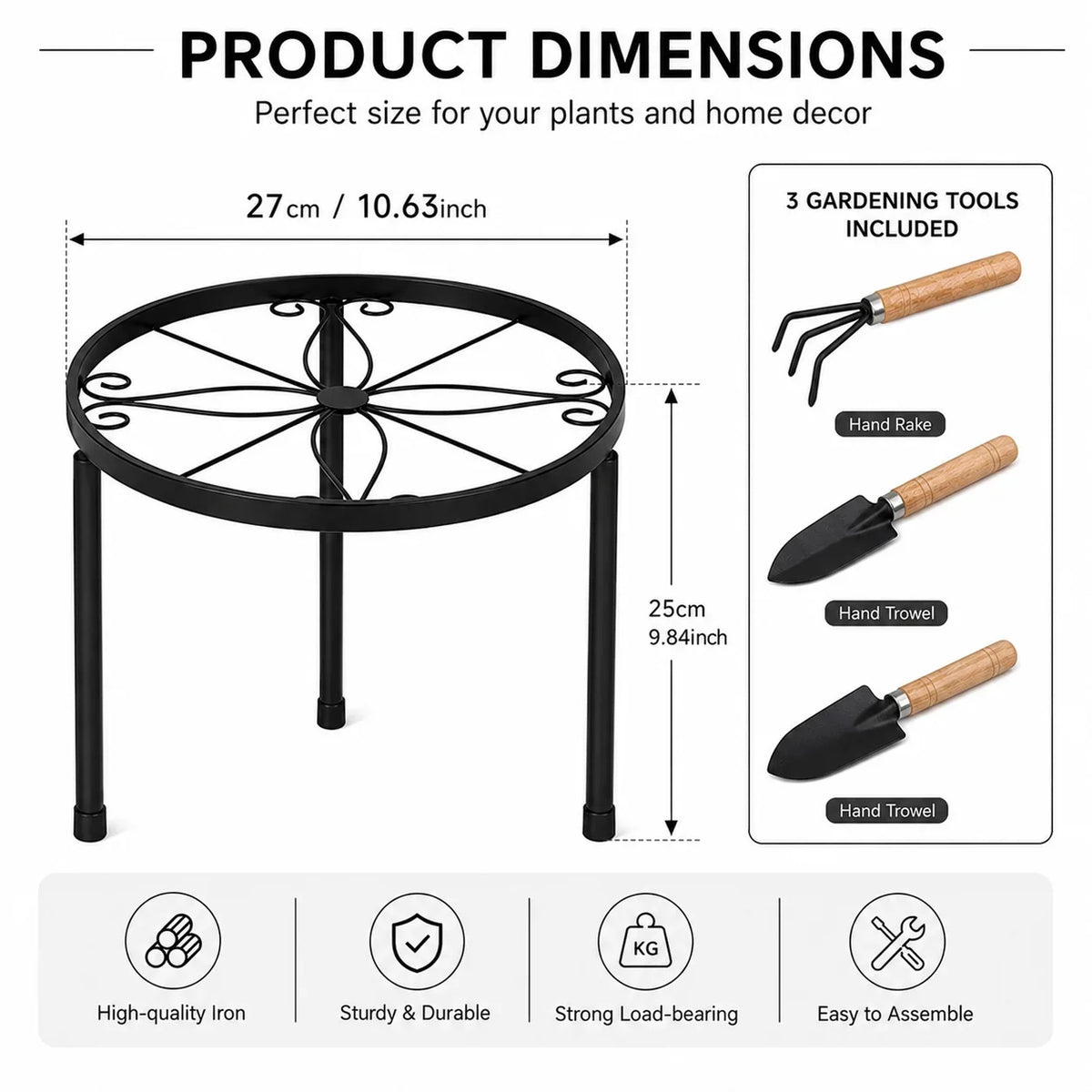 Round Metal Plant Stand, 10.63-Inch Black Iron Pot Holder with Raised Edge and 3-Piece Gardening Tool Set - product view 2