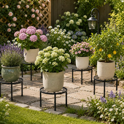 Round Metal Plant Stand, 10.63-Inch Black Iron Pot Holder with Raised Edge and 3-Piece Gardening Tool Set - product view 5