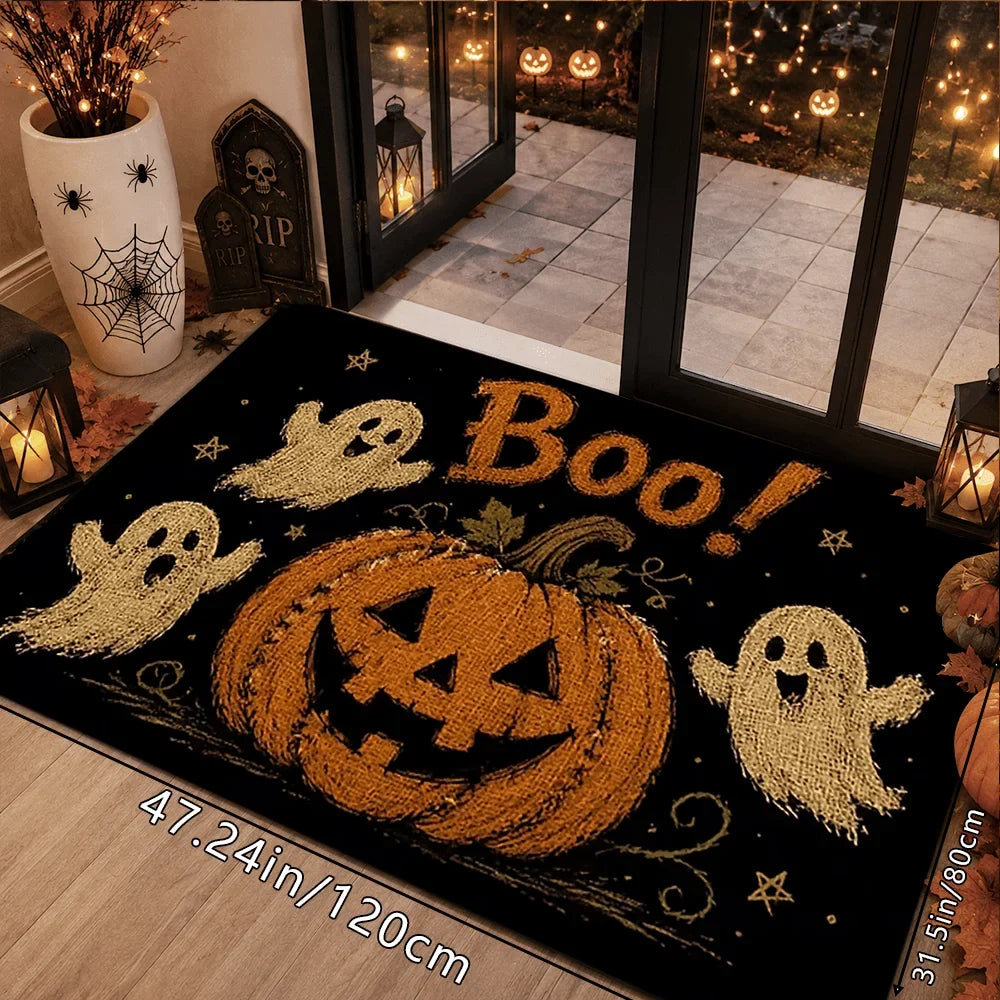 Halloween Boo Ghost Pumpkin Door Mat, Soft Polyester, Non-Slip Cartoon Entrance Rug for Indoor and Outdoor Use - product view 2