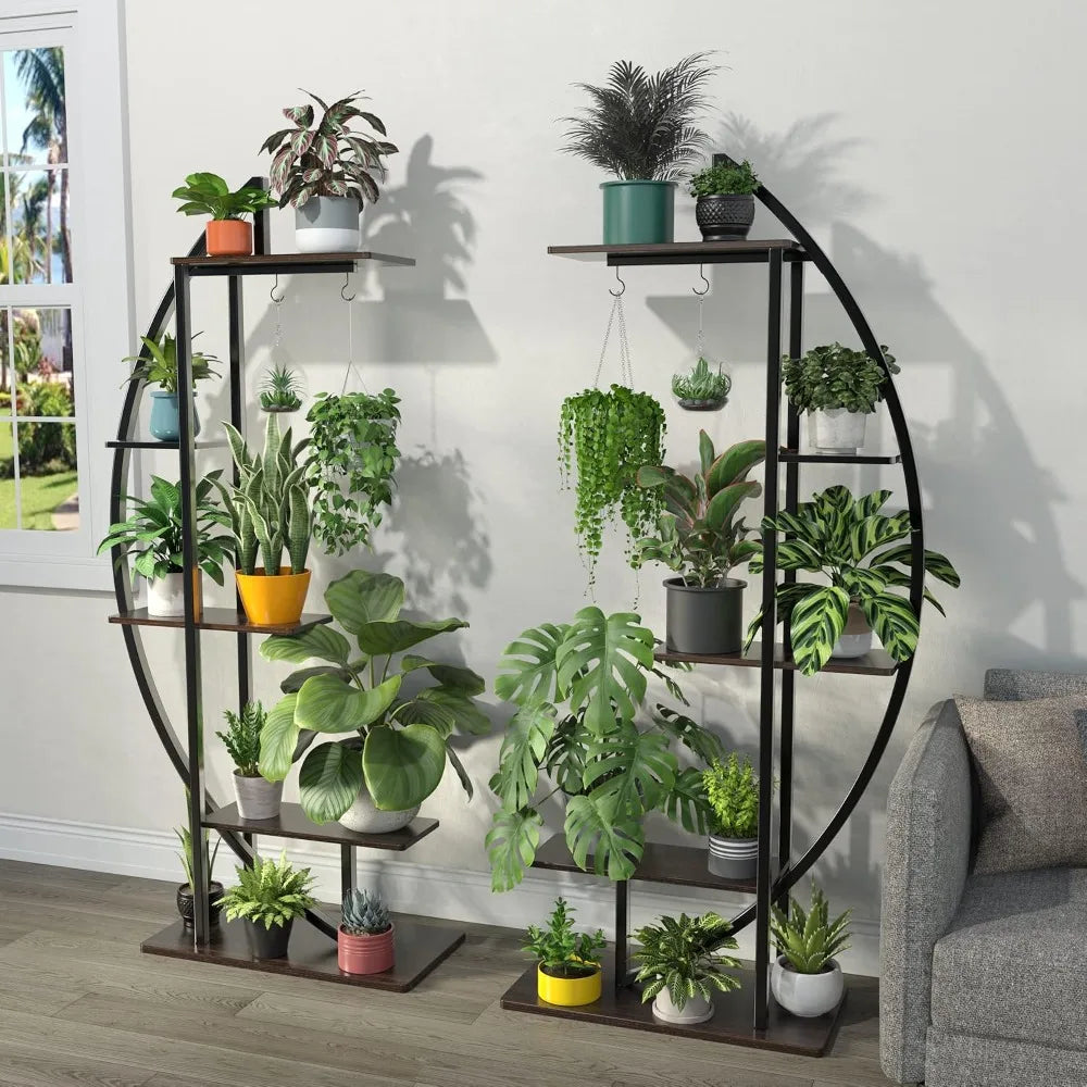 5-Tier Metal Plant Stand with Hanging Hooks, Holds Pots up to 10 Inches, Vertical Display Shelf for Home and Patio - product view 4