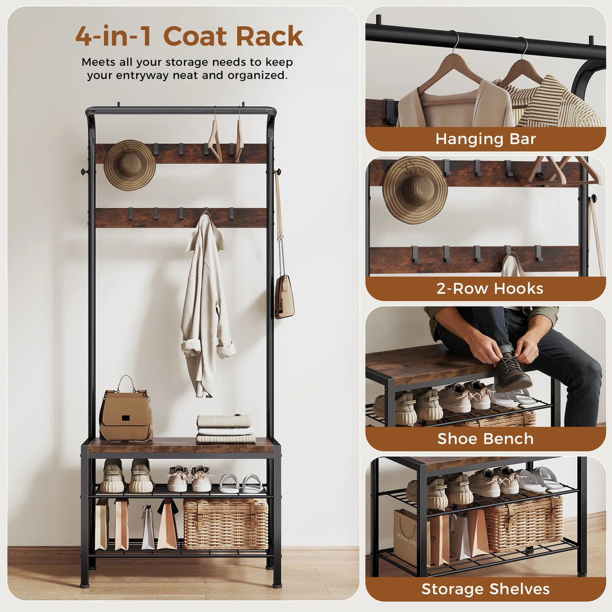 Entryway Coat Rack with Shoe Bench, Hanging Rod, Shoe Shelves and 10 Adjustable Hooks, Metal Frame, Light Grey or Brown - product view 4
