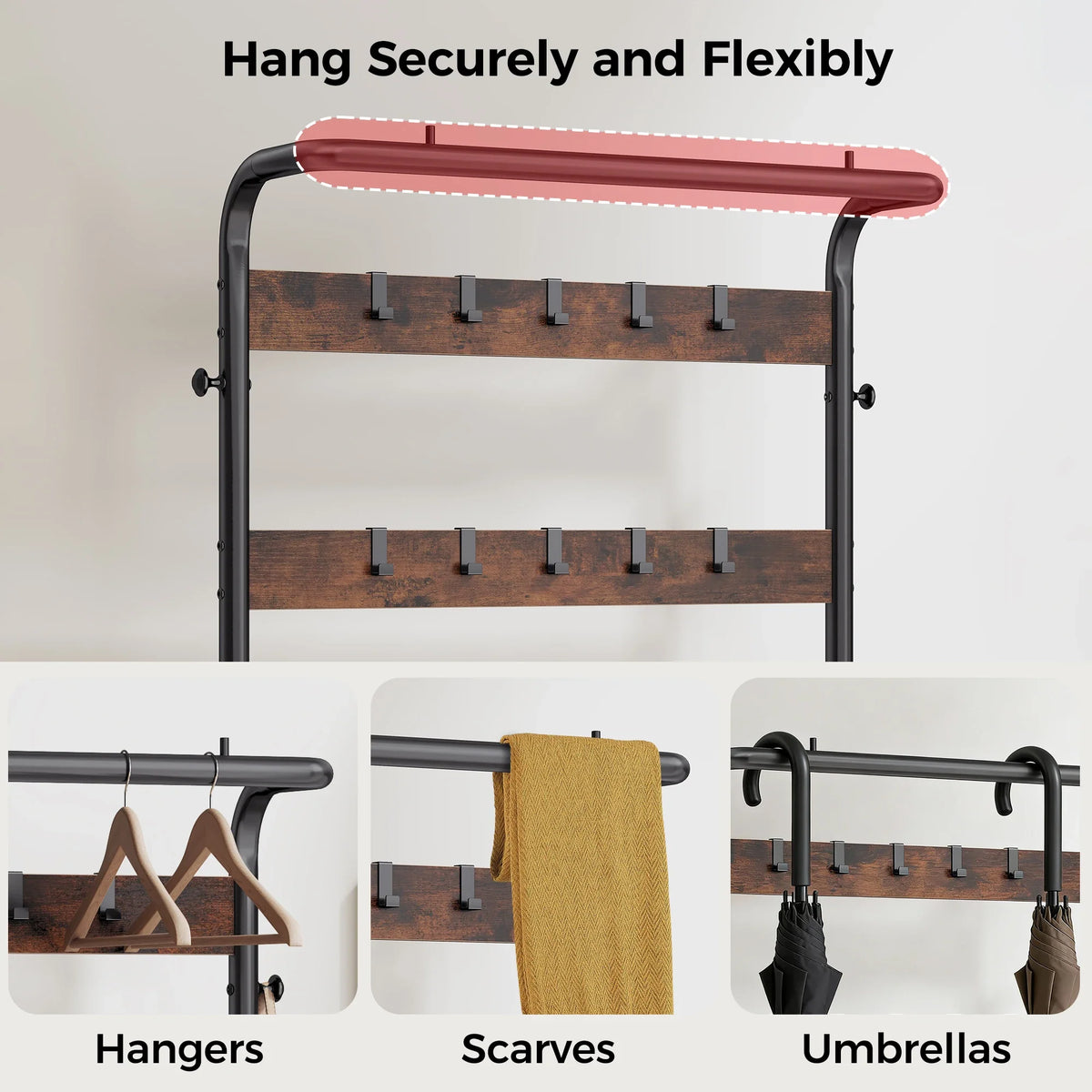 Entryway Coat Rack with Shoe Bench, Hanging Rod, Shoe Shelves and 10 Adjustable Hooks, Metal Frame, Light Grey or Brown - product view 5