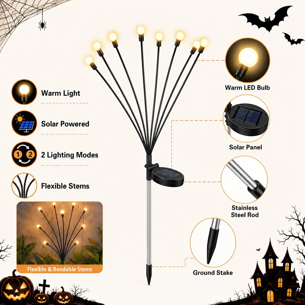 Solar Firefly Garden Lights, 2-Pack 16 LED Warm White Holiday Pathway Decor, 2 Lighting Modes, ABS, Push Button - product view 3
