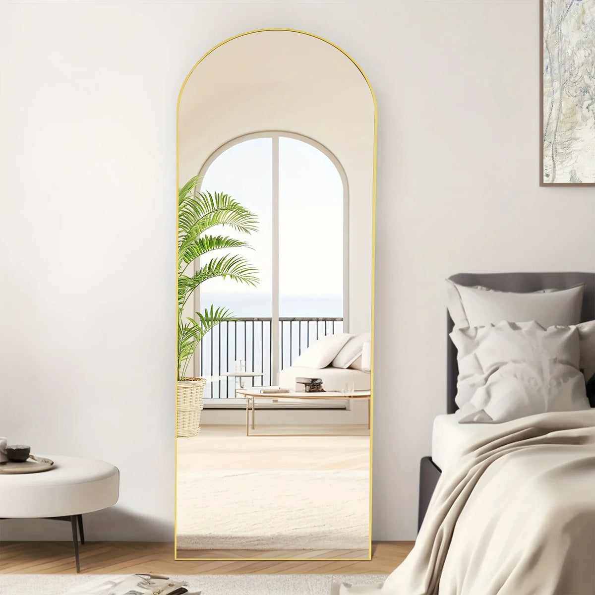 Arched Full-Length Floor Mirror, 59x16in Metal Frame, Vertical Standing Mirror with Black, Gold and Rectangular Options - product view 2