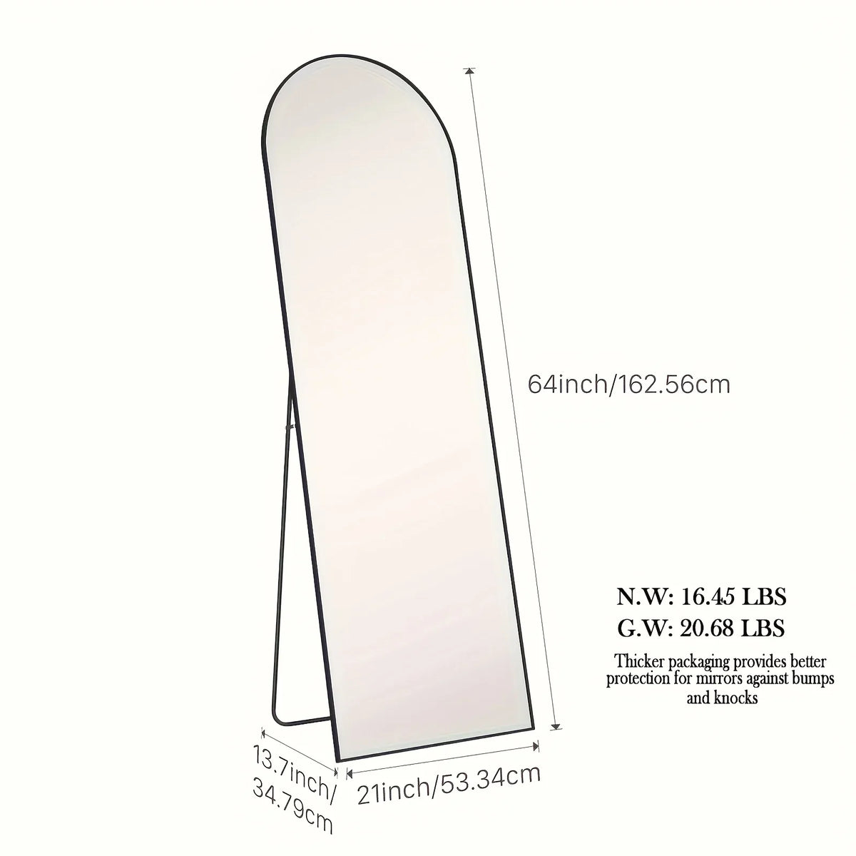 Arched Full-Length Floor Mirror, 59x16in Metal Frame, Vertical Standing Mirror with Black, Gold and Rectangular Options - product view 6