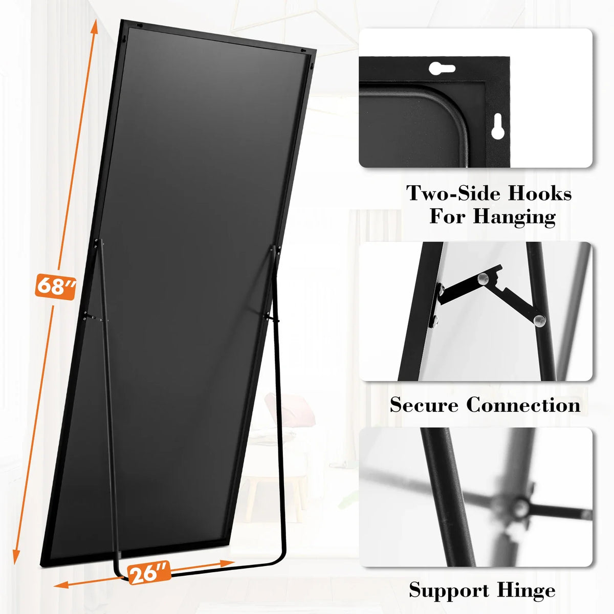 68 x 26 in Full-Length Floor Mirror, HD Nano-Tempered Glass, Aluminum Frame, Wall-Mount or Leaning Bedroom Mirror - product view 4