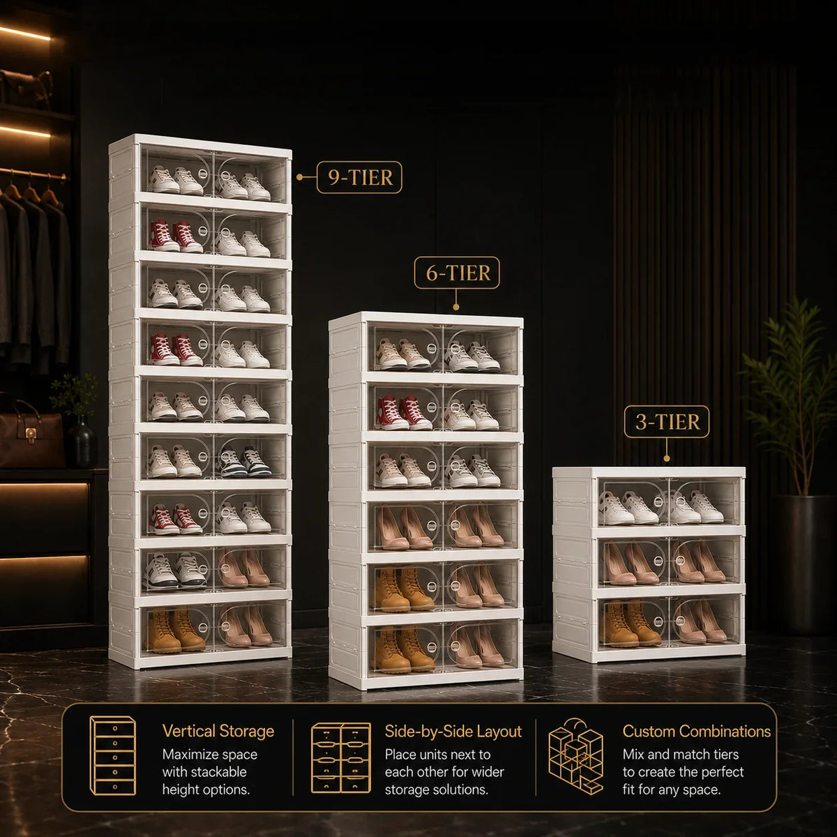 Stackable Shoe Storage Box, Foldable Modular Plastic Cabinet with Transparent Flip Door, Dust-Resistant 3, 6 or 9-Tier Options - product view 5