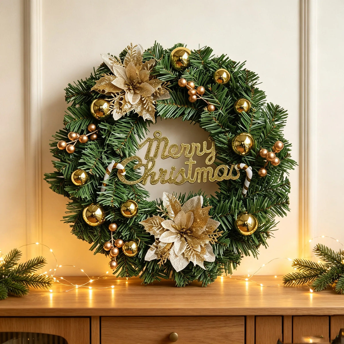 Golden Christmas Wreath, Glitter Flower, Pine and Berry Garland for Front Door or Wall, 35 cm or 40 cm PE Decor - product view 5