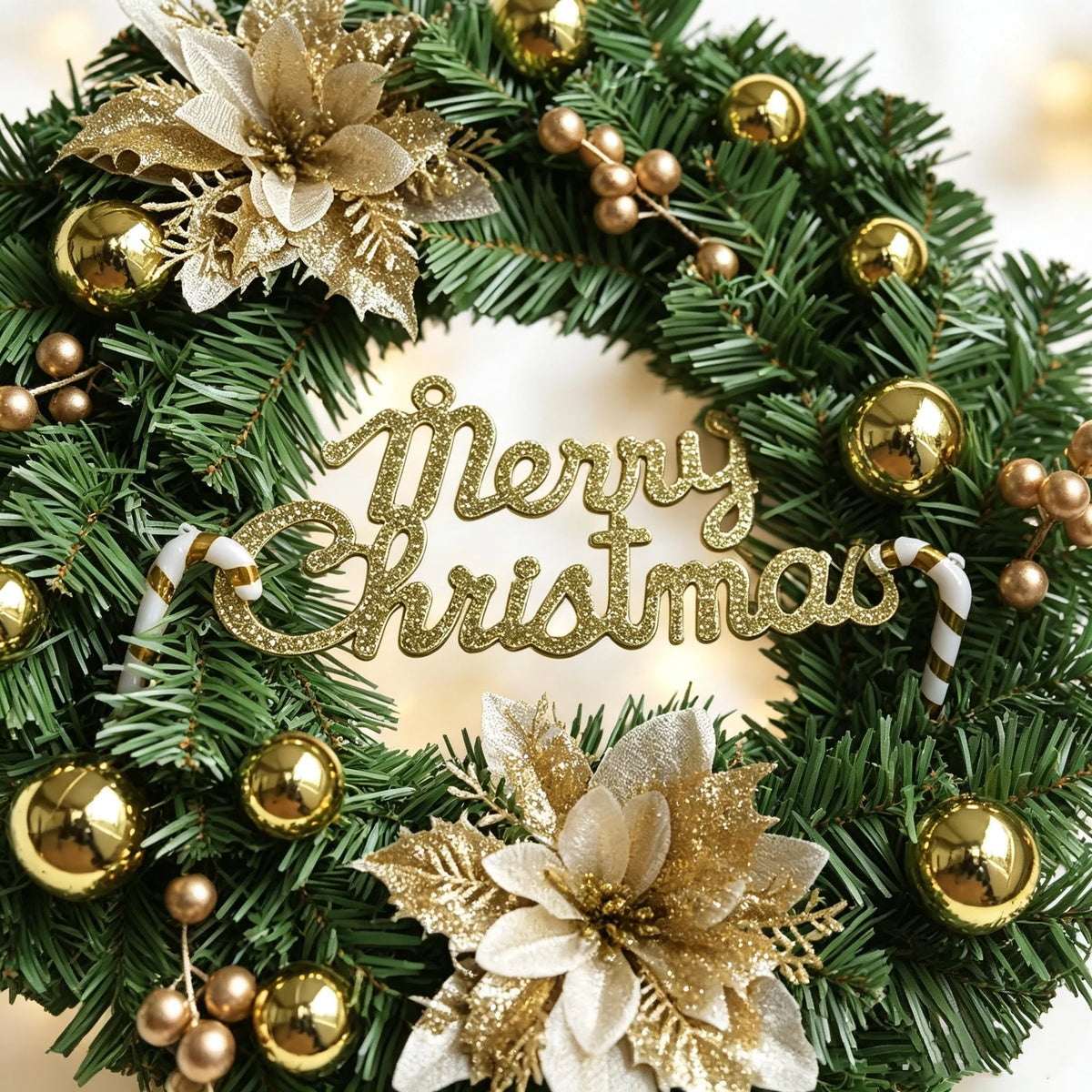 Golden Christmas Wreath, Glitter Flower, Pine and Berry Garland for Front Door or Wall, 35 cm or 40 cm PE Decor - product view 6
