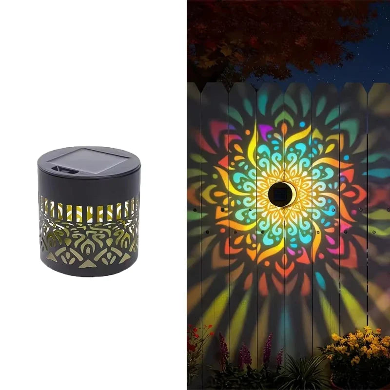 Solar Mandala Lantern Wall Light, Automatic LED Garden Sconce, 5V Metal Fence Light with Color Options - product view 2