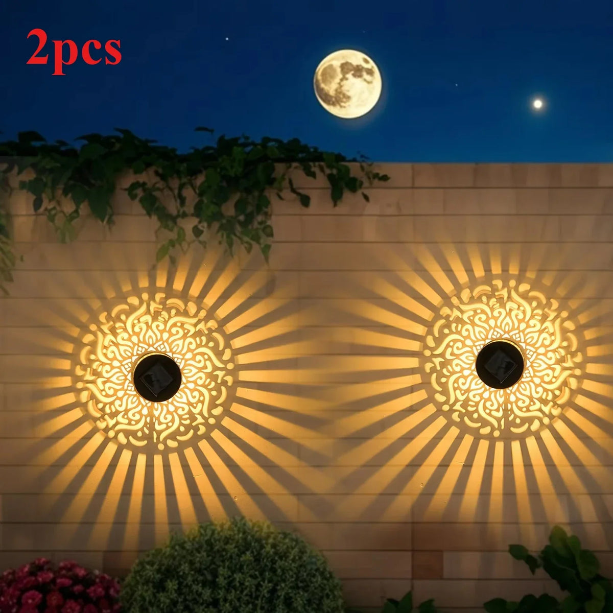 Solar Mandala Lantern Wall Light, Automatic LED Garden Sconce, 5V Metal Fence Light with Color Options - product view 4