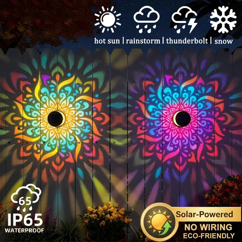 Solar Mandala Lantern Wall Light, Automatic LED Garden Sconce, 5V Metal Fence Light with Color Options - product view 5