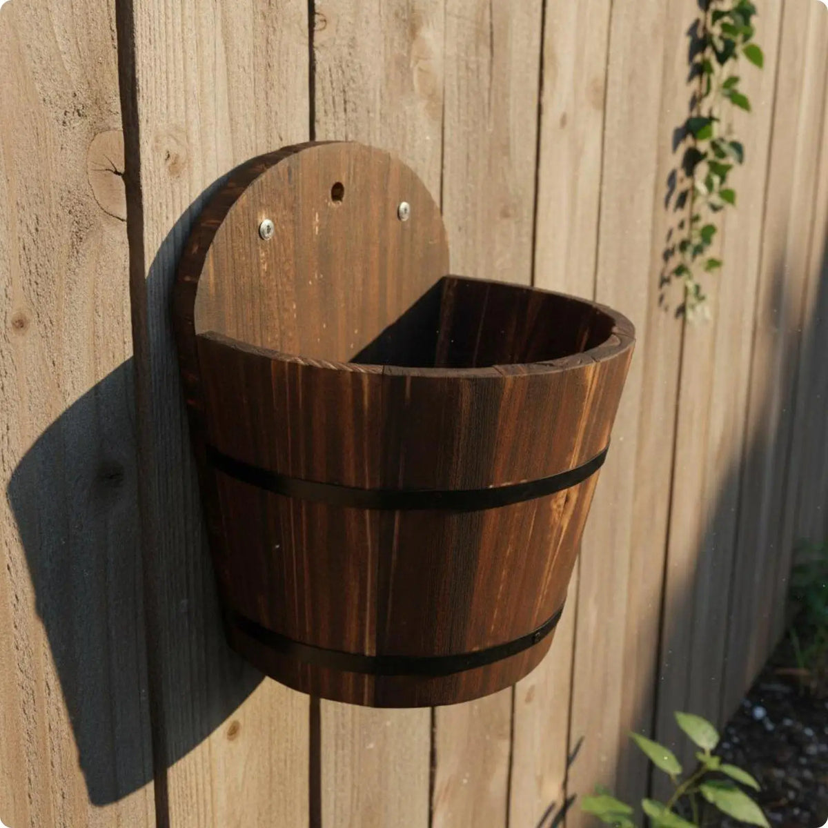 Rustic Wooden Half-Barrel Wall Planter, Carbonized Fir Wood Hanging Flower Pot for Balcony, Fence and Indoor Gardens - product view 1