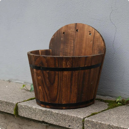 Rustic Wooden Half-Barrel Wall Planter, Carbonized Fir Wood Hanging Flower Pot for Balcony, Fence and Indoor Gardens - product view 2